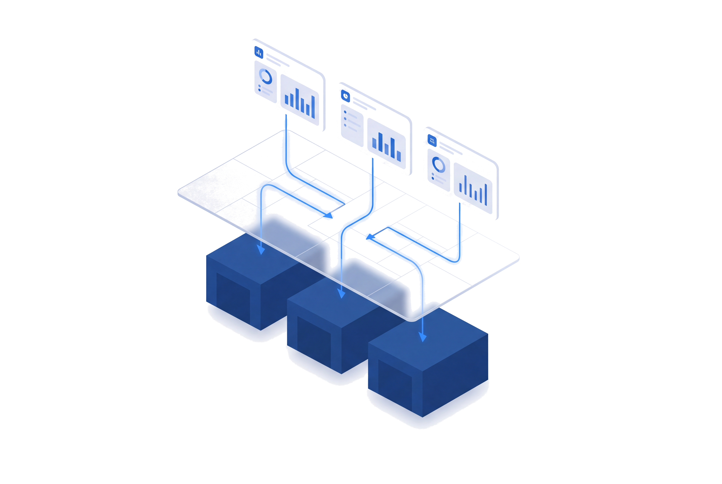The Boreon layer: data warehouses resolve through one governed layer into dashboards