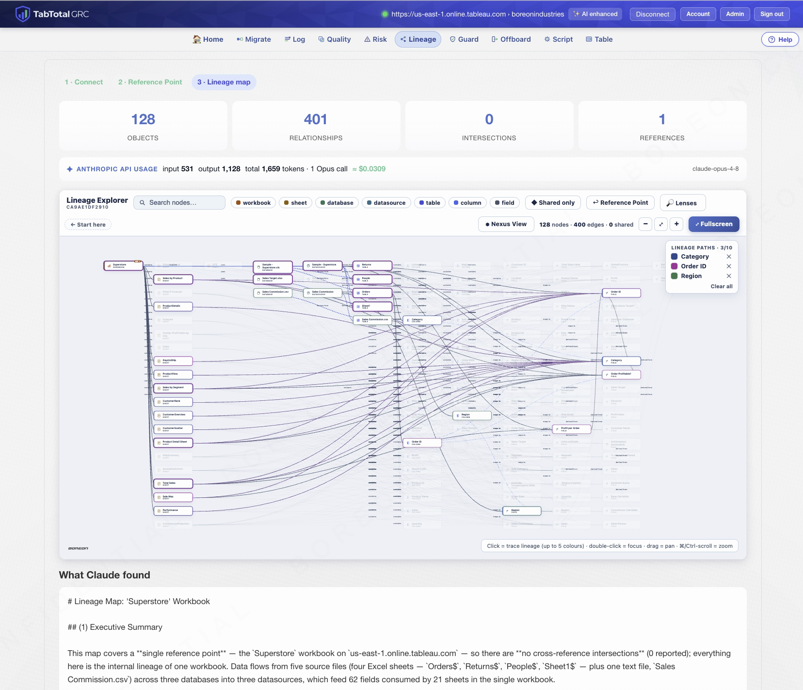 L’application Lineage en fonctionnement dans TabTotal.
